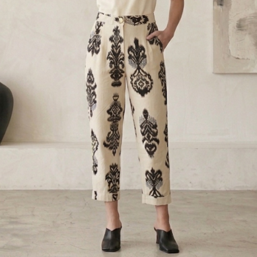 ❤️ DIXIE Cotton Stretch Cropped Pleated Pant Ikat Print Size Medium